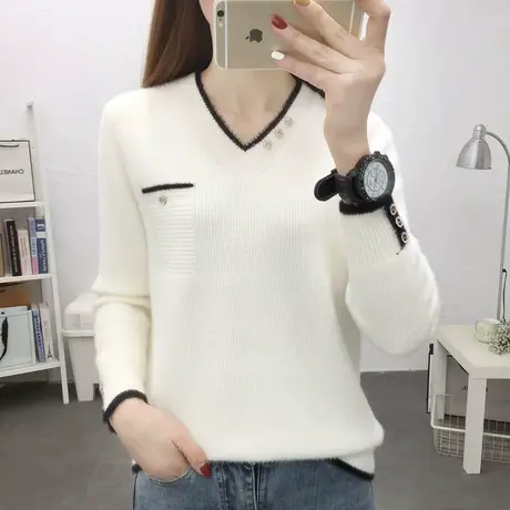 蕾丝拼接水貂绒毛衣女套头长袖2021刘东新款半高领加厚针织打底衫商品大图