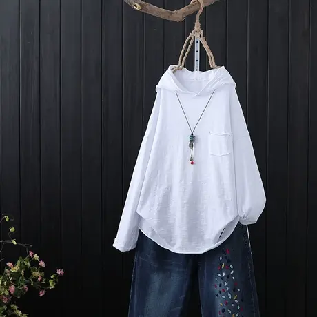 春季新款文艺连帽竹节棉长袖T恤女装宽松破洞纯色打底体恤衫上衣商品大图