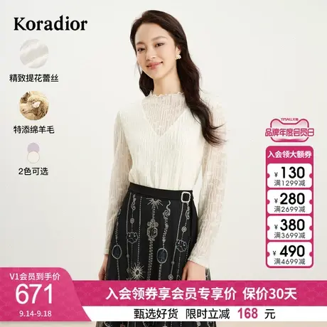 珂莱蒂尔女装通勤木耳边白色圆领高级感提花蕾丝长袖上衣打底衫图片