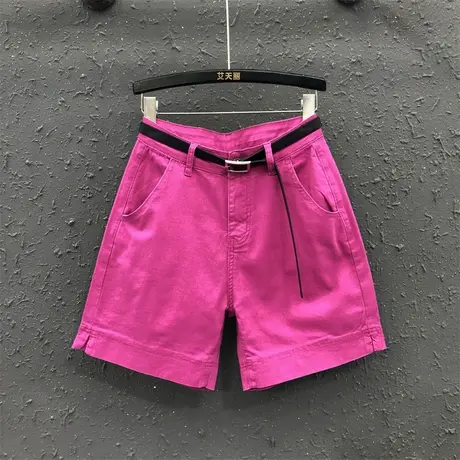 靓丽潮牌休闲火龙果色牛仔五分裤女2023夏季新款宽松显瘦阔腿中裤图片