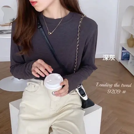 早春新款修身显瘦内搭圆领t恤女长袖高级感T恤小个子别致上衣女装图片