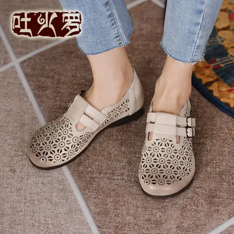 Tokharoi新款森系文艺软妹女拖鞋装饰皮带扣镂空雕花凉鞋女单鞋商品大图