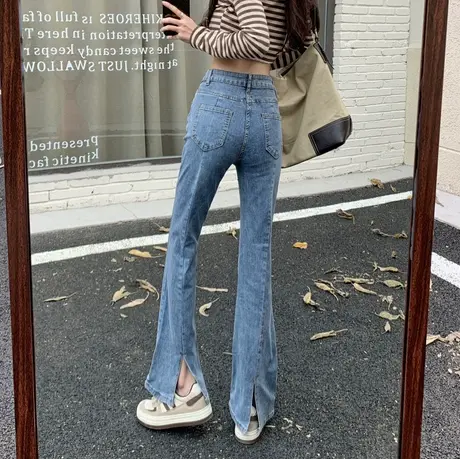 开叉喇叭牛仔裤女春秋高腰直筒显瘦设计感小众阔腿拖地长裤潮ins图片