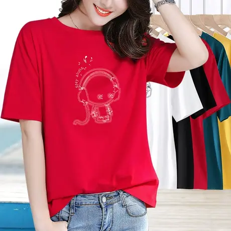大红色休闲上衣女夏简约宽松遮肉纯棉百搭气质卡通动漫印花t恤衫商品大图