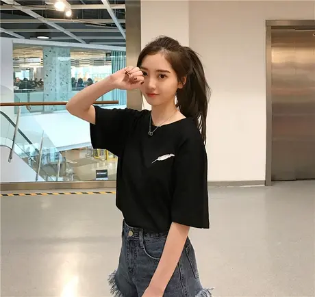2023新款女短袖t恤女学生韩版印花打底宽松圆领原宿打底衫潮夏季图片