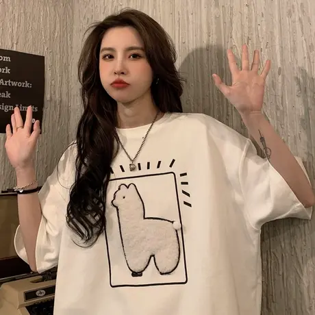 短袖t恤女设计感小众宽松韩版ins潮原宿风半袖chic港味上衣服显瘦图片