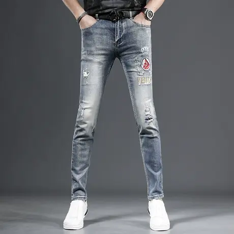 高端破洞牛仔裤男春季2023新款潮牌个性刺绣修身小脚蓝色百搭裤子商品大图