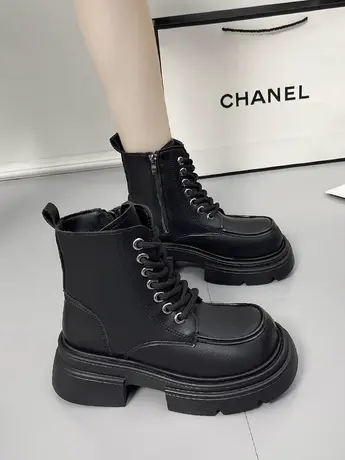 马丁靴女2023年秋季新款皮面大头机车靴短靴大黄靴厚底松糕工装靴商品大图