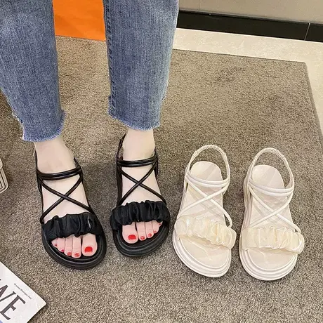 温柔绸缎厚底小仙女凉鞋女配裙子2023年夏季新款时尚百搭罗马鞋潮商品大图