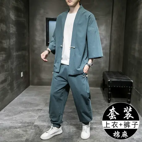 复古风亚麻T恤男秋季薄款棉麻短袖套装宽松大码道袍唐装男装一套商品大图