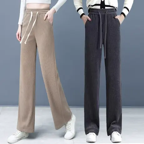 秋冬加绒阔腿裤女垂感时尚休闲直筒抽绳裤2023年新款黑色显瘦长裤图片