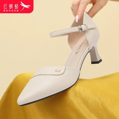 红蜻蜓高跟鞋尖头包头妈妈鞋女凉鞋通勤一字带中跟上班族女鞋子商品大图