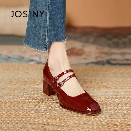 Josiny/卓诗尼漆皮复古方跟玛丽珍鞋女夏季2023新款粗跟浅口单鞋商品大图