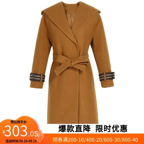 【艾格】2023春季新款毛呢大衣女连帽腰带直筒中长款呢子外套官方图片
