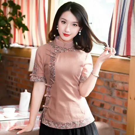 筠雅唐装女装中国风年轻款旗袍式上衣棉麻复古盘扣短袖中式女装商品大图