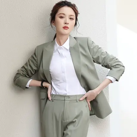 2023年春季新款单扣绿色西服外套上衣商务正装时尚工作服西装套装图片