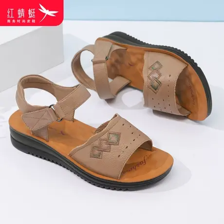 红蜻蜓女鞋夏季真皮软底防滑中老年妈妈凉鞋舒适平底魔术贴老人鞋商品大图