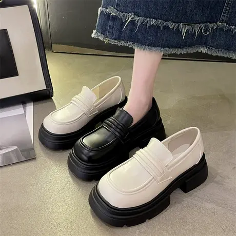 乐福鞋女2024年春秋季新款一脚蹬粗跟单鞋配裙子厚底防滑小皮鞋潮商品大图