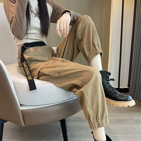 美式复古工装裤女2023秋季新款辣妹高腰显瘦休闲小个子束脚九分裤商品大图