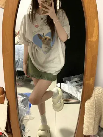 灰色大码t恤女oversize宽松卡通设计感减龄潮ins夏季纯棉短袖上衣商品大图