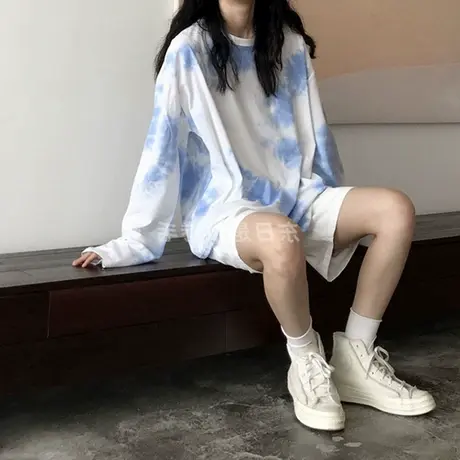 扎染长袖t恤女ins潮2023新款韩版宽松渐变春秋上衣百搭内搭打底衫商品大图