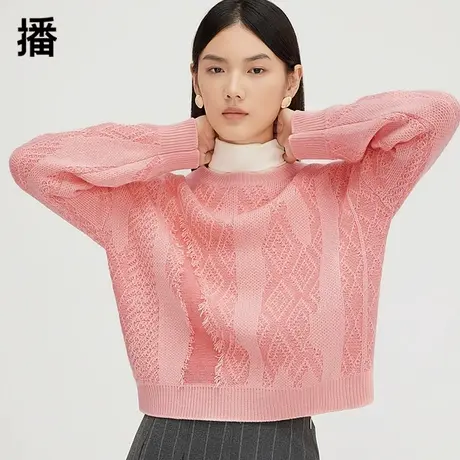 播立体坑纹圆领针织衫女2023秋冬新款女装宽松套头毛衣DDQ4SD5257图片