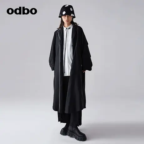 odbo/欧迪比欧原创设计高级感摩登黑色外套女长款风衣外套商品大图