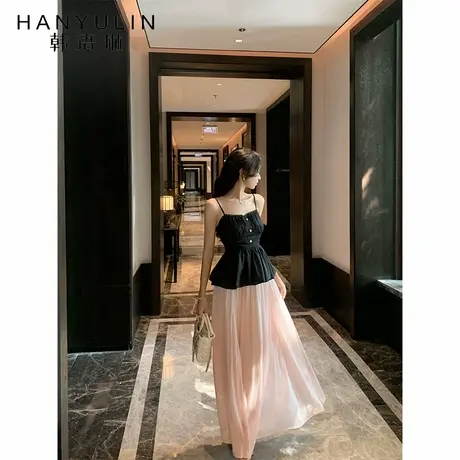 韩语琳 黑色收腰吊带背心女夏季2025新款外穿无袖掐腰显瘦上衣图片
