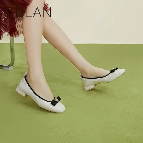 伊伴2023春季新品女鞋珍珠花朵单鞋舒适柔软牛皮革休闲鞋豆豆鞋女商品大图