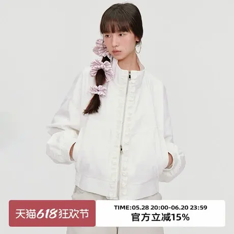 omont蛋挞家 复古木耳边宽松休闲夹克外套2025夏白色立领拉链上衣商品大图