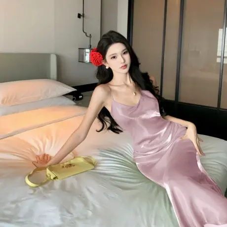 女士吊带睡裙女款2025新款夏季性感冰丝睡衣裙子长款家居服连衣裙商品大图