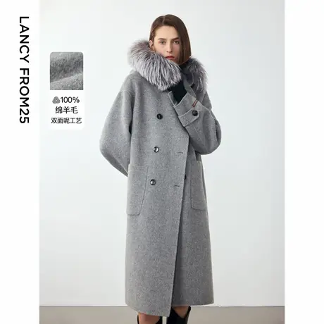 朗姿纯羊毛可拆卸狐狸毛领高级感大衣外套女2024冬季新款毛呢外套图片