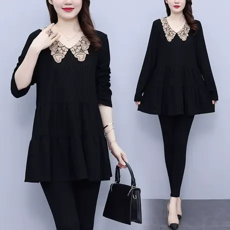 胖MM大码女装2023秋装新款蕾丝遮肚子显瘦娃娃领洋气减龄打底衫女商品大图