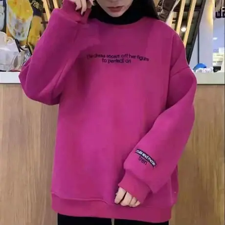 半高领加绒加厚卫衣女秋冬2023新款宽松韩版假两件拼接套头上衣服商品大图