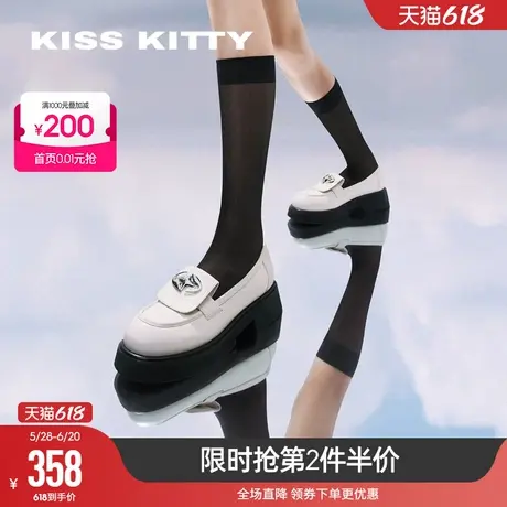 KISSKITTY春夏新款粗跟厚底乐福鞋黑色通勤一脚蹬英伦单鞋女鞋图片