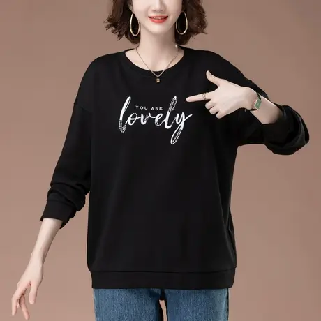 妈妈刺绣卫衣女春秋季宽松加肥加大码女装中老年烫钻百搭圆领上衣图片