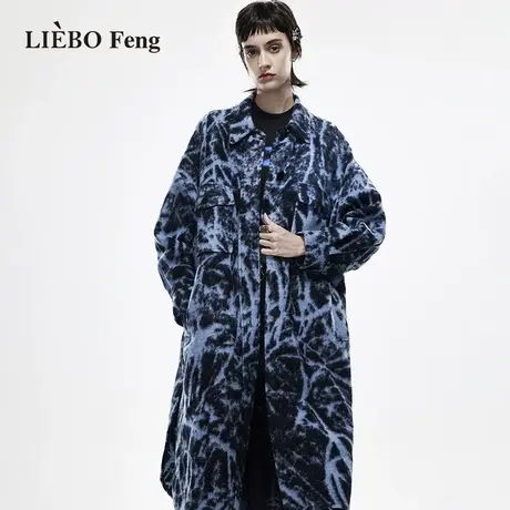 裂帛LIEBOFeng原创设计chic复古矢车菊蓝色时髦高街长款毛呢外套图片
