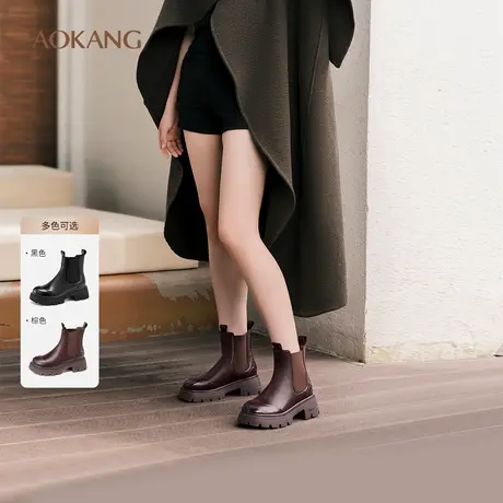 奥康 女鞋冬季时尚圆头中筒切尔西靴复古套筒百搭烟筒靴商品大图