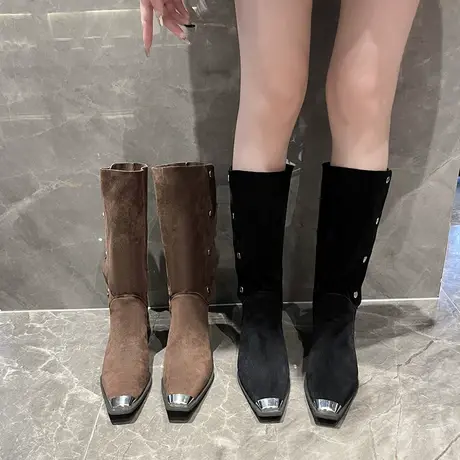 长筒靴女2023新款夏季高跟小个子不过膝骑士靴黑色显瘦西部牛仔靴商品大图