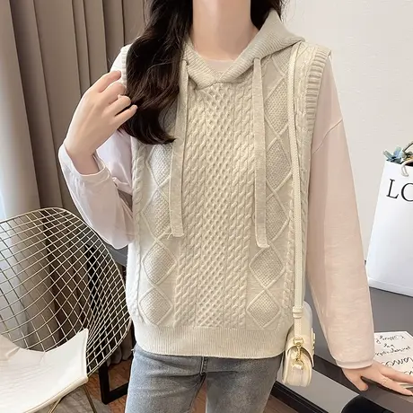 减龄连帽针织马甲女宽松显瘦外穿春秋2023新款无袖坎肩背心上衣潮商品大图