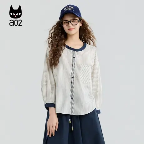 a02宽松蓝白条纹衬衫女2025新款秋季纯棉衬衣设计感秋装上衣商品大图