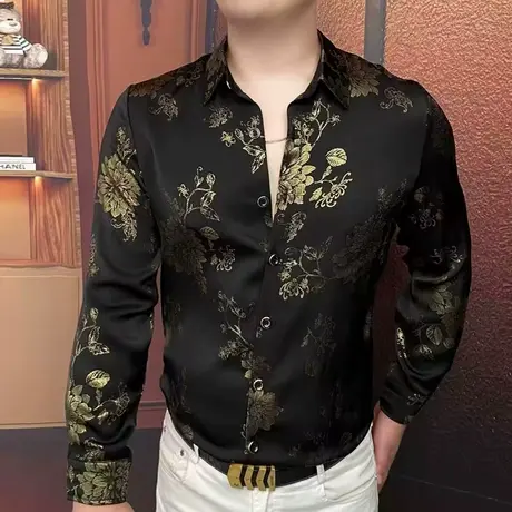 欧货秋季新款男士长袖衬衫时尚潮流烫金印花衬衣高端休闲打底上衣商品大图