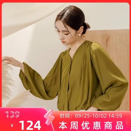 桔熊秋季通勤V领垂坠感开衫泡泡袖褶皱上衣女胖妹妹大码AB19078图片