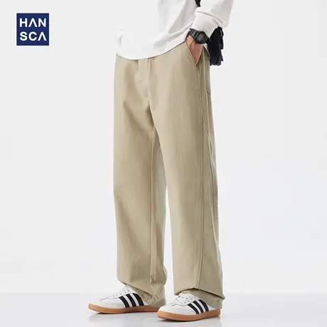hansca320g重磅柔软纯棉休闲裤男2025秋季肌理感宽松拼接阔腿长裤商品大图