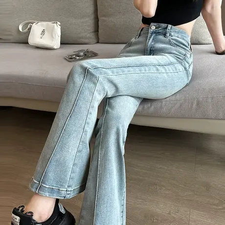 浅色微喇牛仔裤女2023年春季新款高腰修身显瘦复古百搭阔腿喇叭裤商品大图