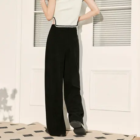 唐狮灯芯绒阔腿裤女冬季新款黑色小香风织带气质休闲长裤图片