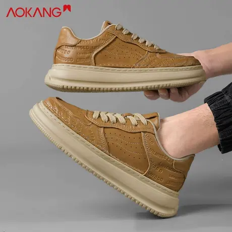 奥康麦黄色男鞋2025新款秋季男士增高板鞋透气皮面潮流时尚休闲鞋商品大图