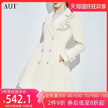 AUI米白色高端西装毛呢外套2023女冬新款气质女神范修身呢子大衣图片