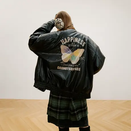 美式复古蝴蝶棉服女夹棉冬季PU皮外套2023年新款街头潮牌宽松棉衣商品大图