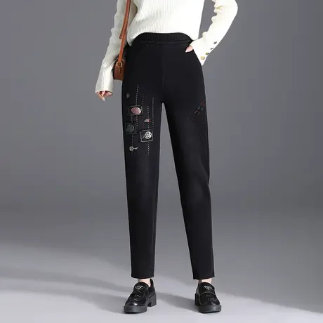加绒加厚刺绣哈伦裤中老年女裤子秋冬2023新款高腰宽松小脚萝卜裤商品大图
